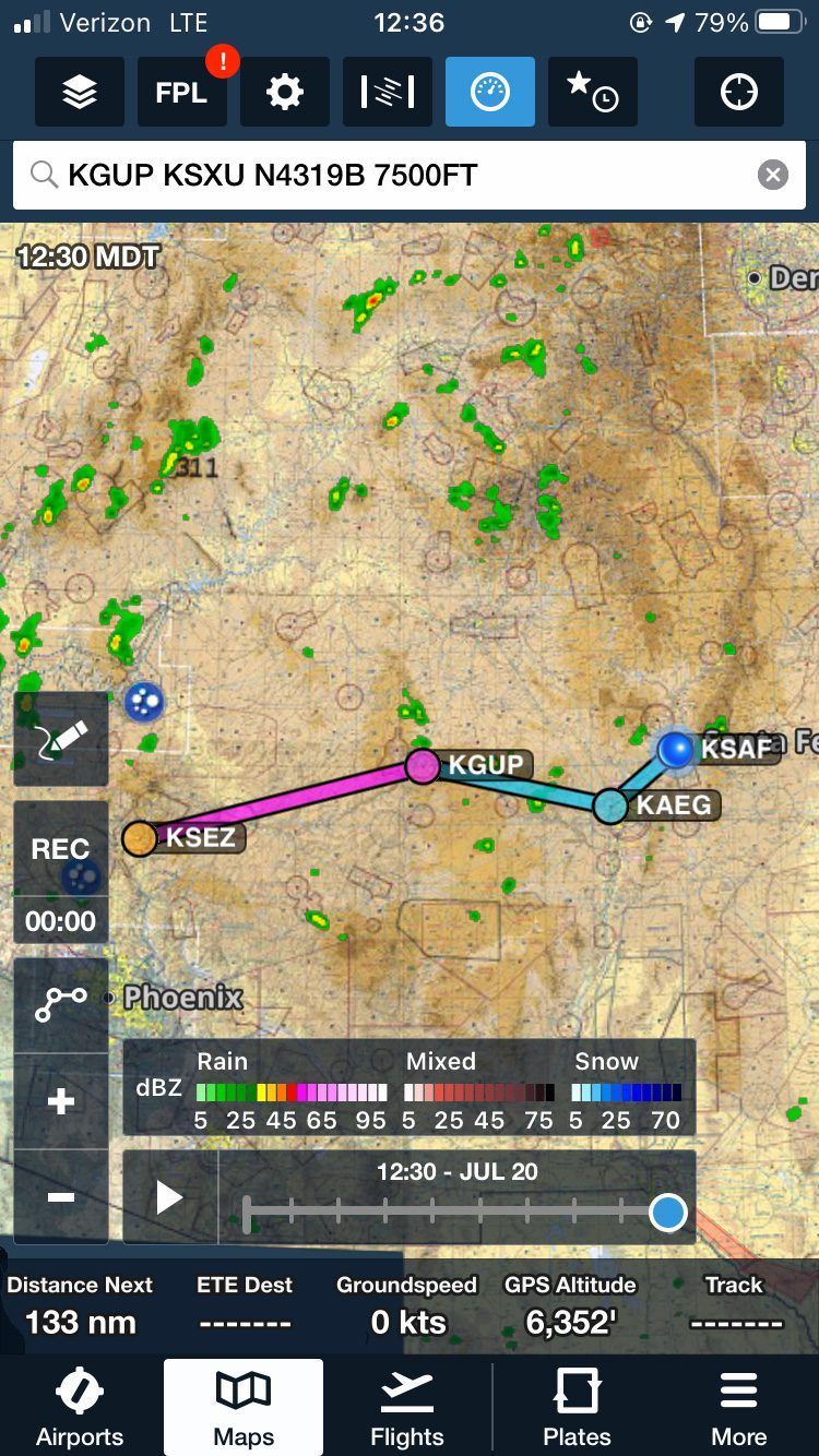 Map app showing a purple route line with colored markers and weather radar overlay over a terrain map.