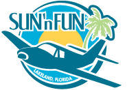 Sun ’n Fun logo with a blue airplane and palm tree, Lakeland, Florida