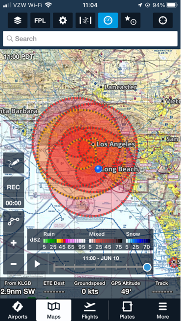 Map app centered on Los Angeles with multiple translucent red radar rings and a blue location marker