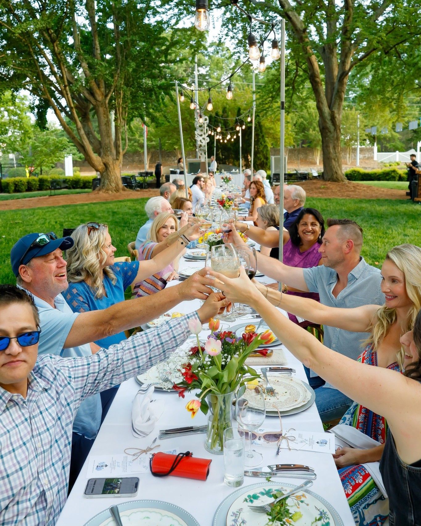 People toasting at a long outdoor dinner table set for a party, green grass, trees, and string lights.
