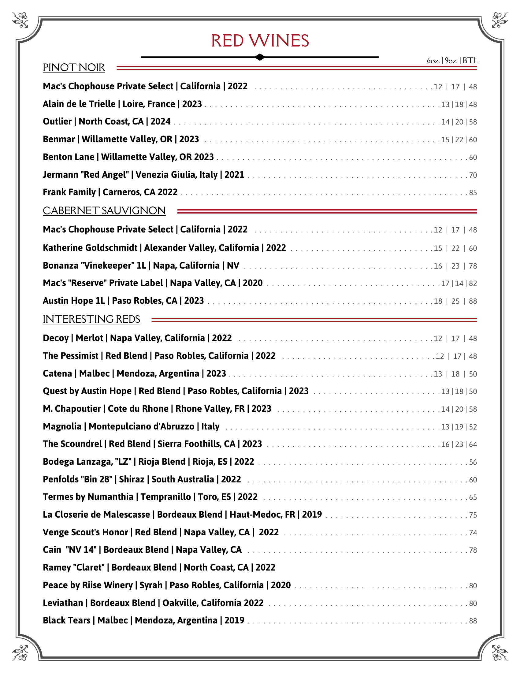 red wine list