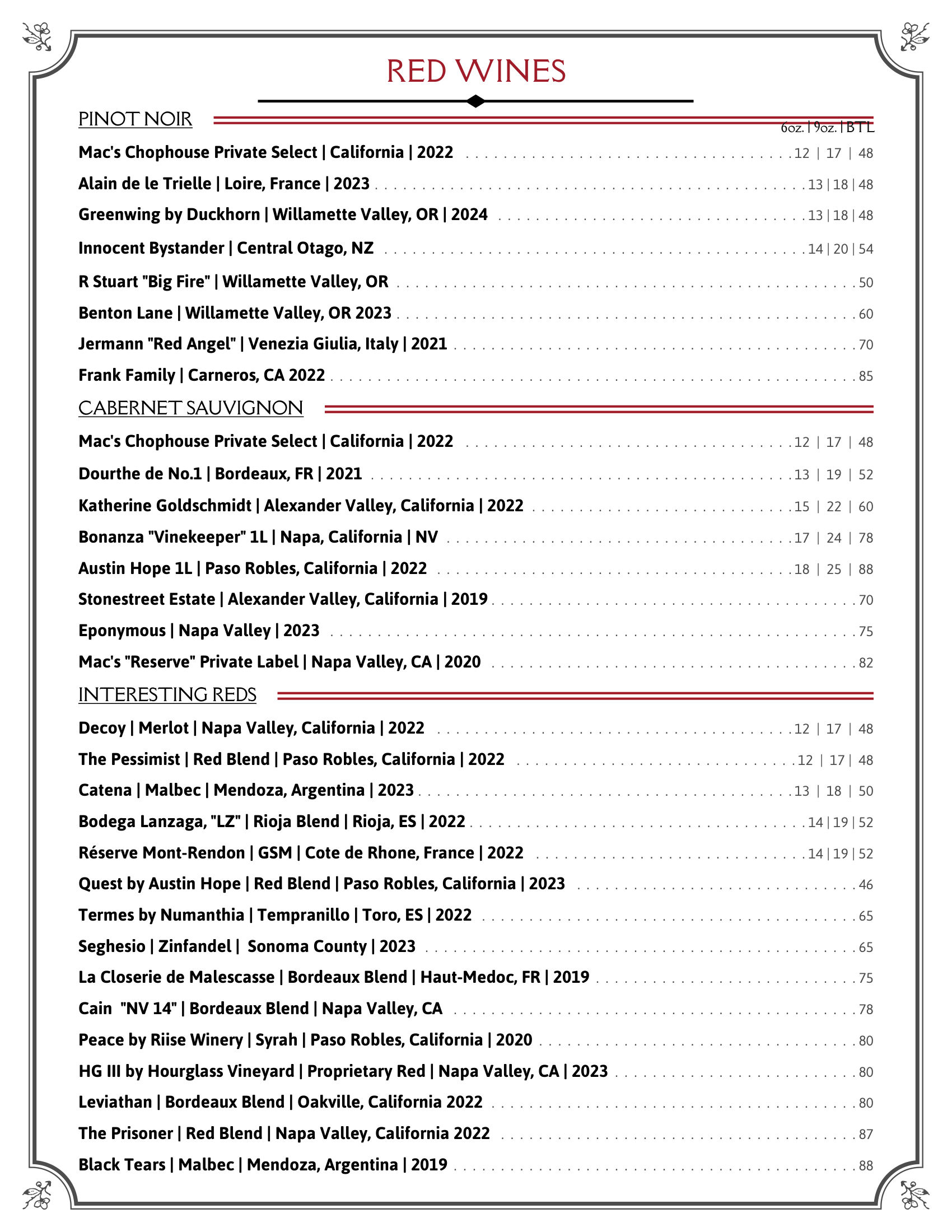 red wine list