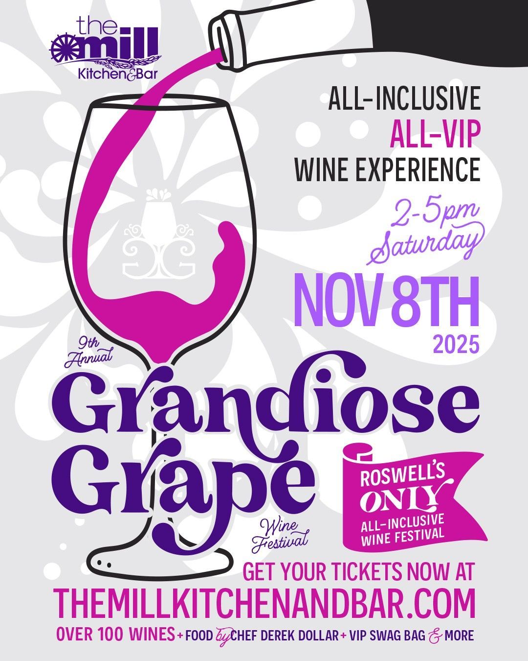 Grandiose Grape all-inclusive VIP wine experience at The Mill Kitchen & Bar, Nov 8th