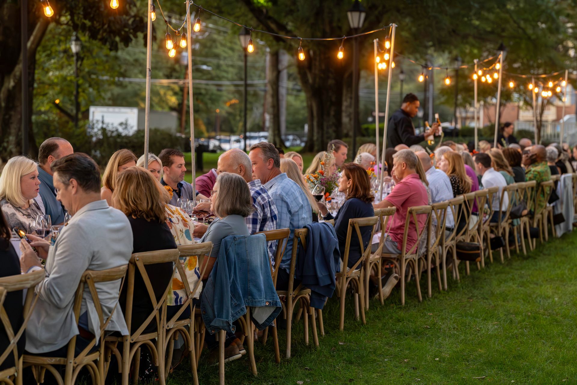Long outdoor dinner table with people, string lights, and green grass.