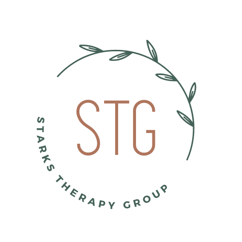 A logo for a therapy group with a wreath of leaves around it.