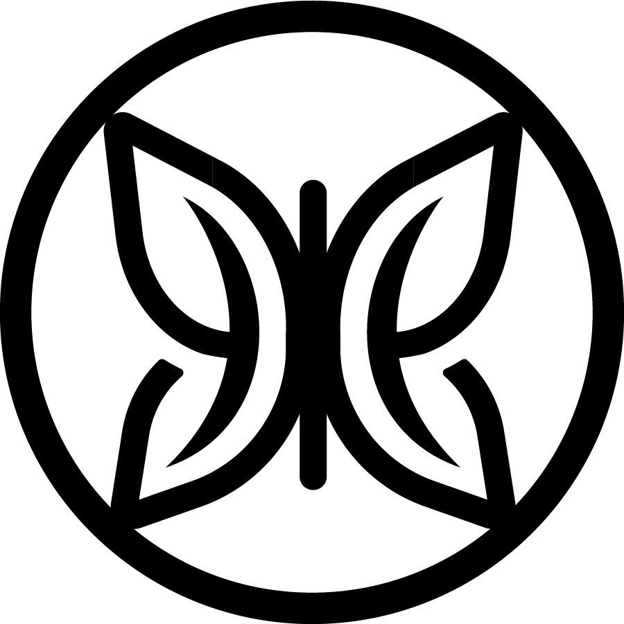 A blue circle with a butterfly inside of it