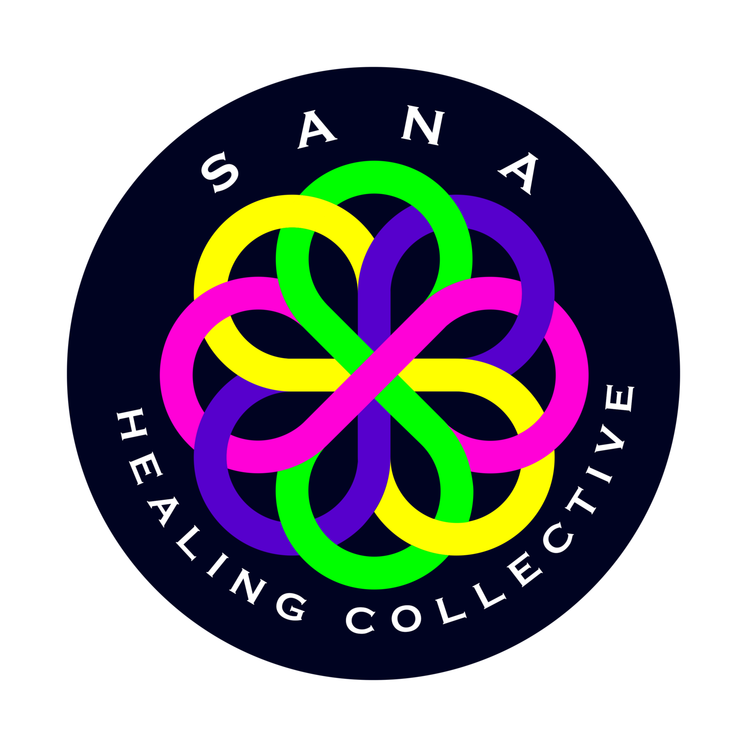 The sana healing collective logo has a colorful flower in the center