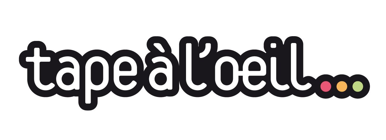 Logo for Tape ร l'oeil, a children's clothing brand. Text in white with a black outline, and colorful dots at the end.