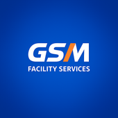 Logo for GSM Facility Services; white text on blue; orange slash through the