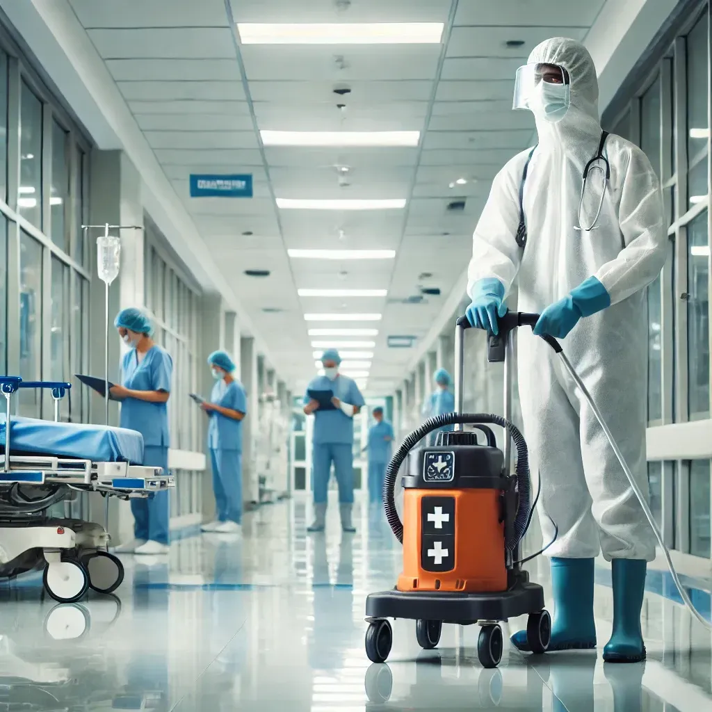 Medical worker in protective suit cleaning a hospital hallway with other staff in the background.