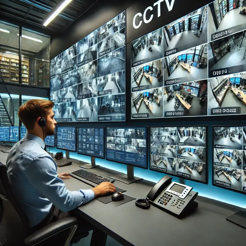 Man monitors CCTV footage in a security room, viewing multiple screens displaying surveillance feeds.
