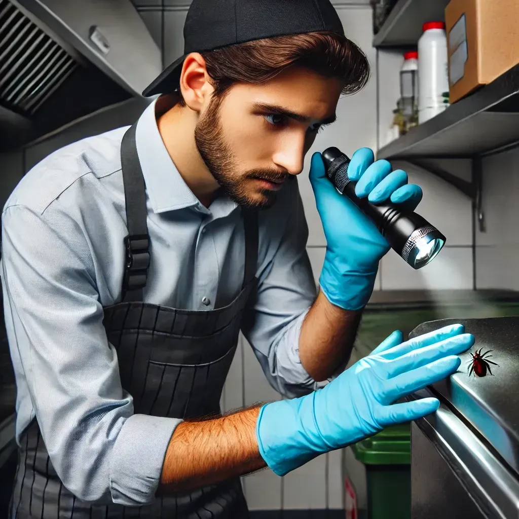 Chef inspecting a kitchen surface with a flashlight for pests.