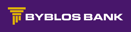 Byblos Bank logo: white text on purple background. Gold column icon on left.