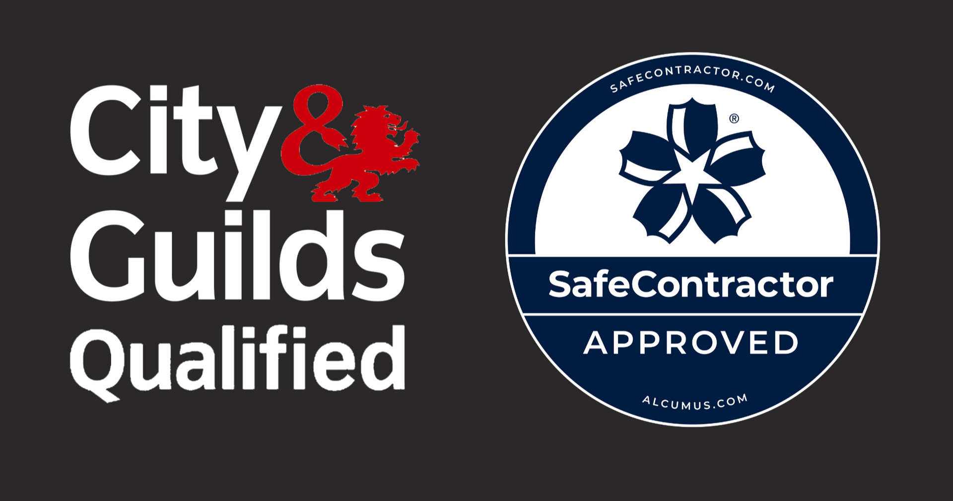 City & Guilds Qualified and SafeContractor Approved logos on a dark background
