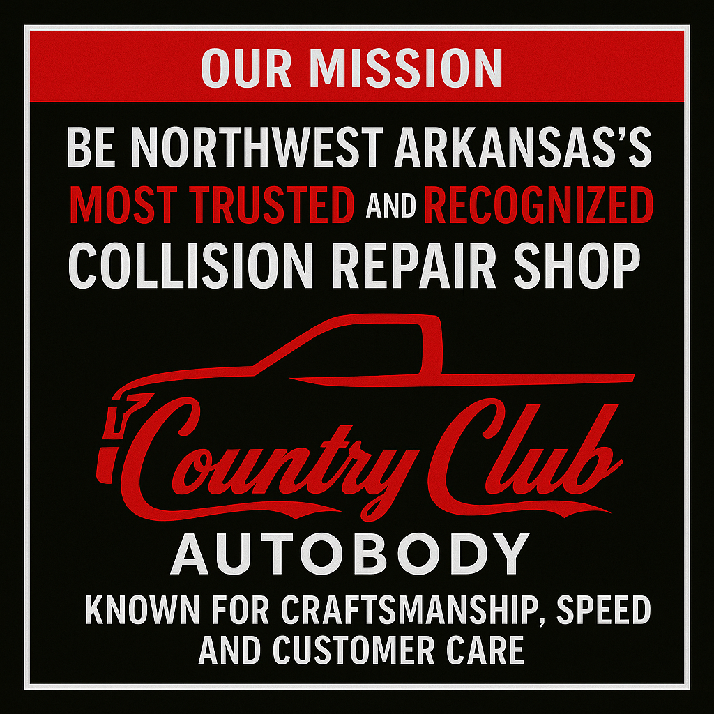 Black and red Country Club Autobody ad: trusted Northwest Arkansas collision repair shop.