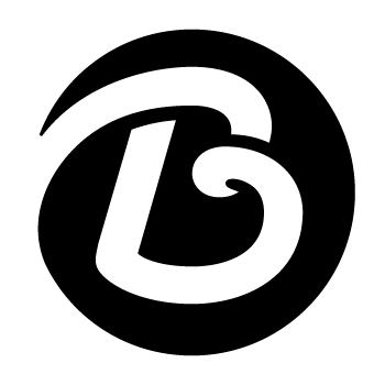A black and white logo with a letter b in a circle.