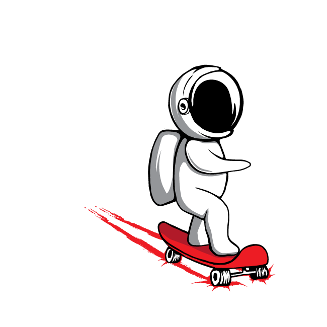 A cartoon of an astronaut riding a skateboard