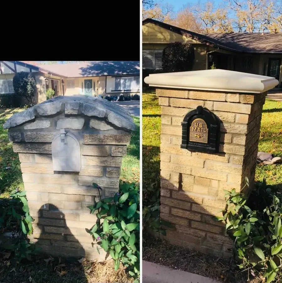 Before and after of a brick mailbox. The restored mailbox has a new roof, address plaque, and is clean.