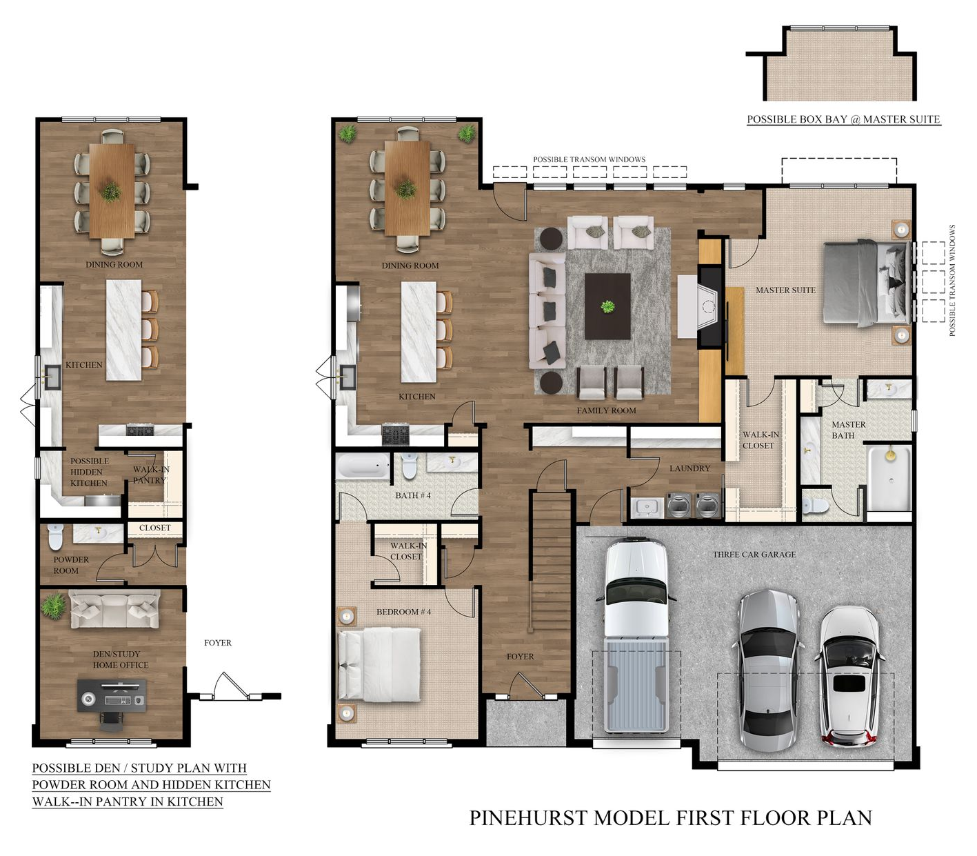 Floor plan of the Pinehurst, a two-story house, showing rooms, stairs, and measurements.