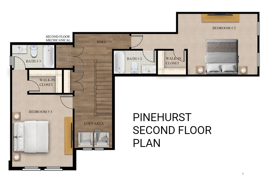 Floor plan of the Pinehurst, a two-story house, showing rooms, stairs, and measurements.
