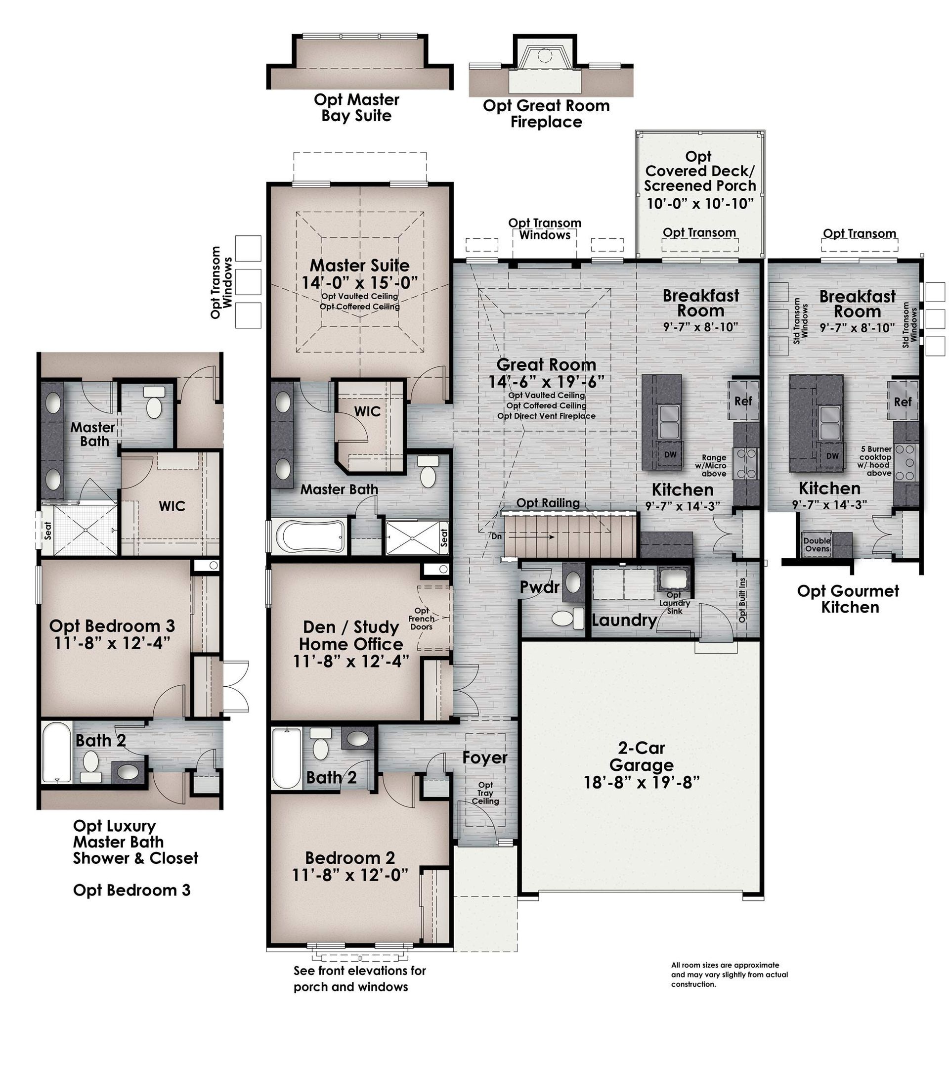 Floor plan of The Cary Grant, detailing rooms with dimensions, including bedrooms, bathrooms, and a garage.
