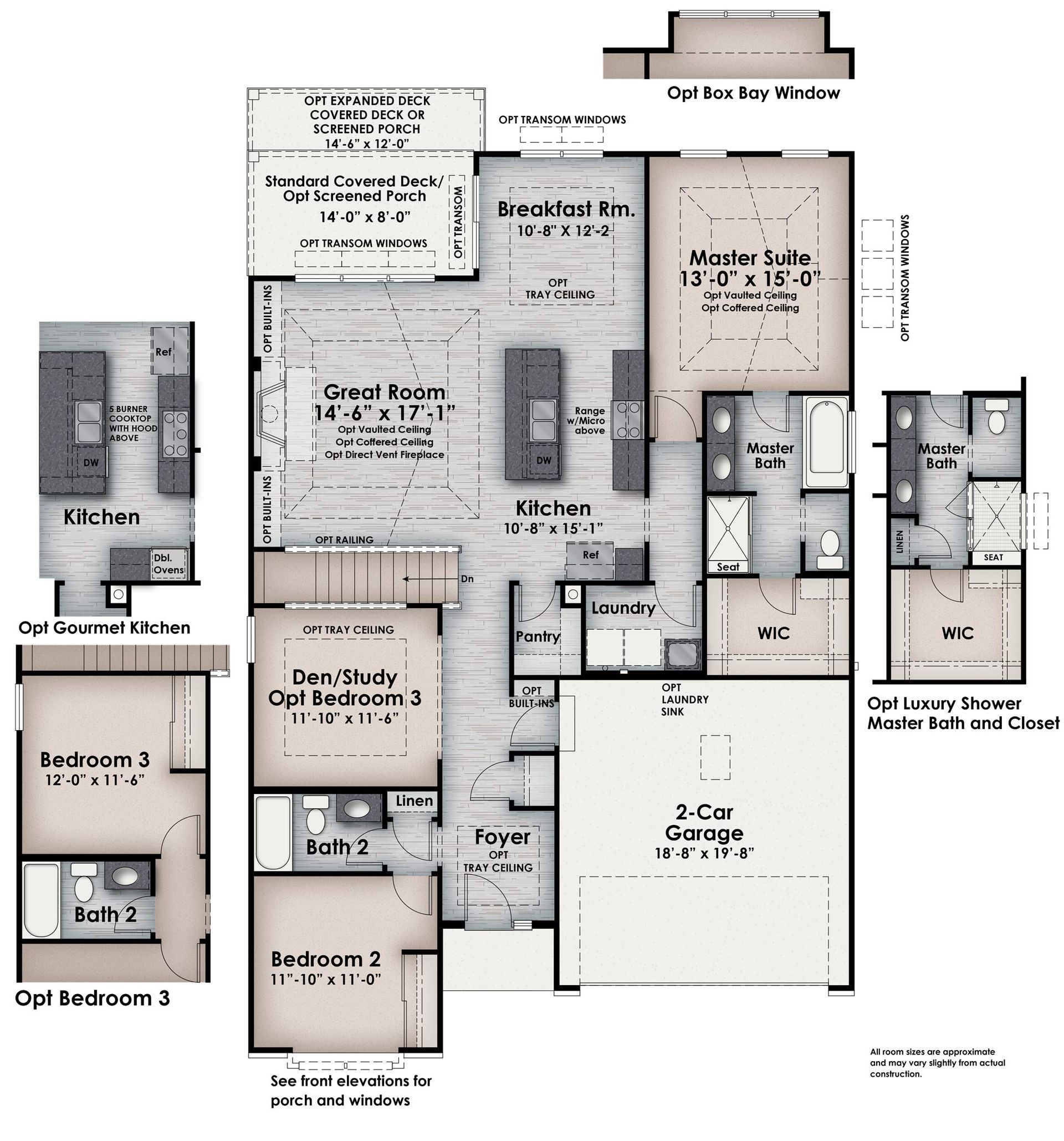 Floor plan of the Dean Martin model with multiple rooms and levels, including a kitchen, bedrooms, and office.