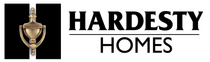 Logo for Hardesty Homes featuring a golden door knocker with a black background and text.