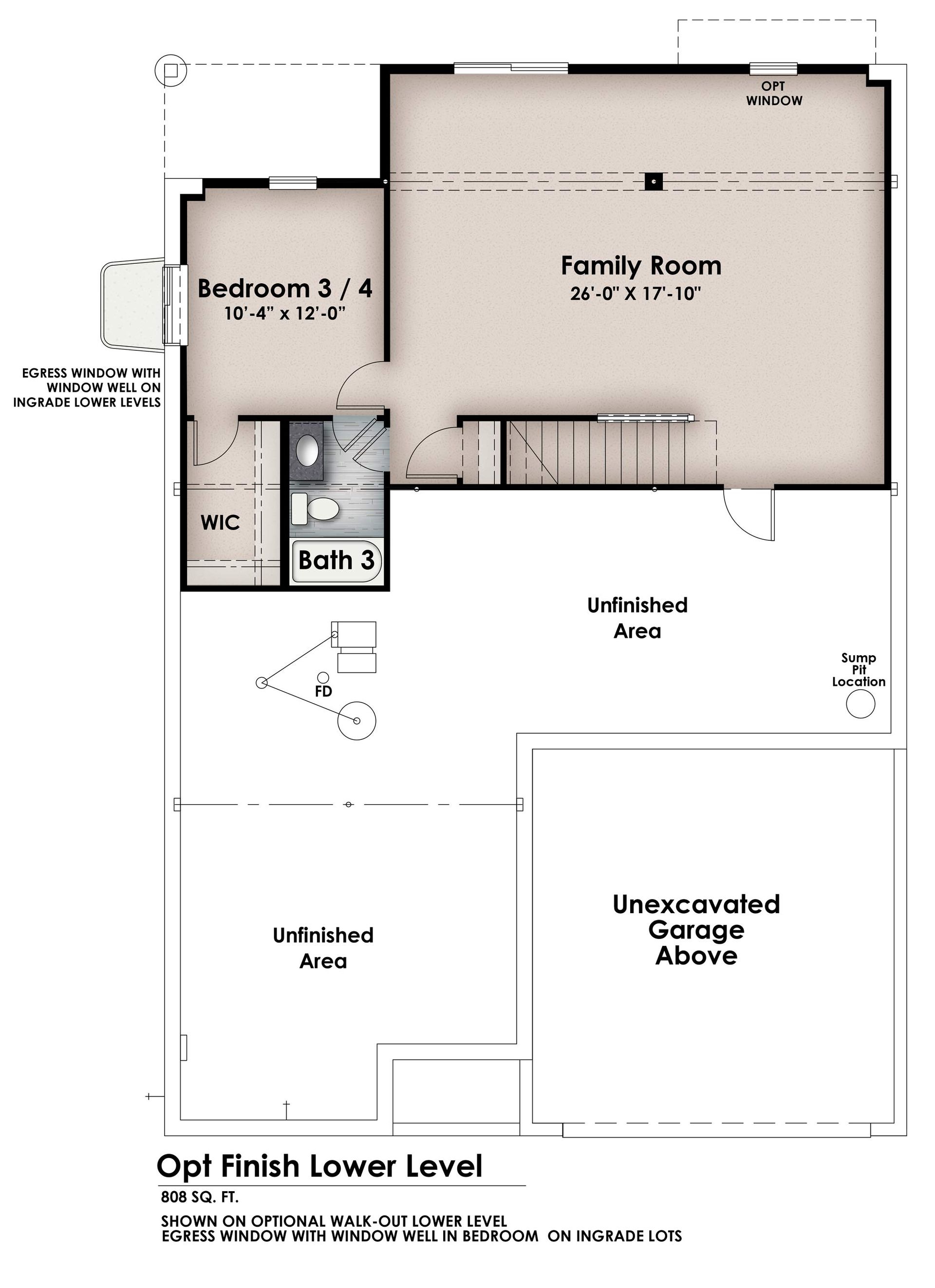 Floor plan of a lower level the Humphrey Bogart model featuring a family room, bedroom, bathroom, and unfinished areas.