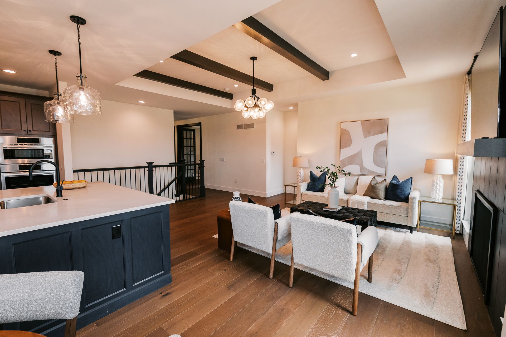 Open-concept living room in the Cary Grant model.