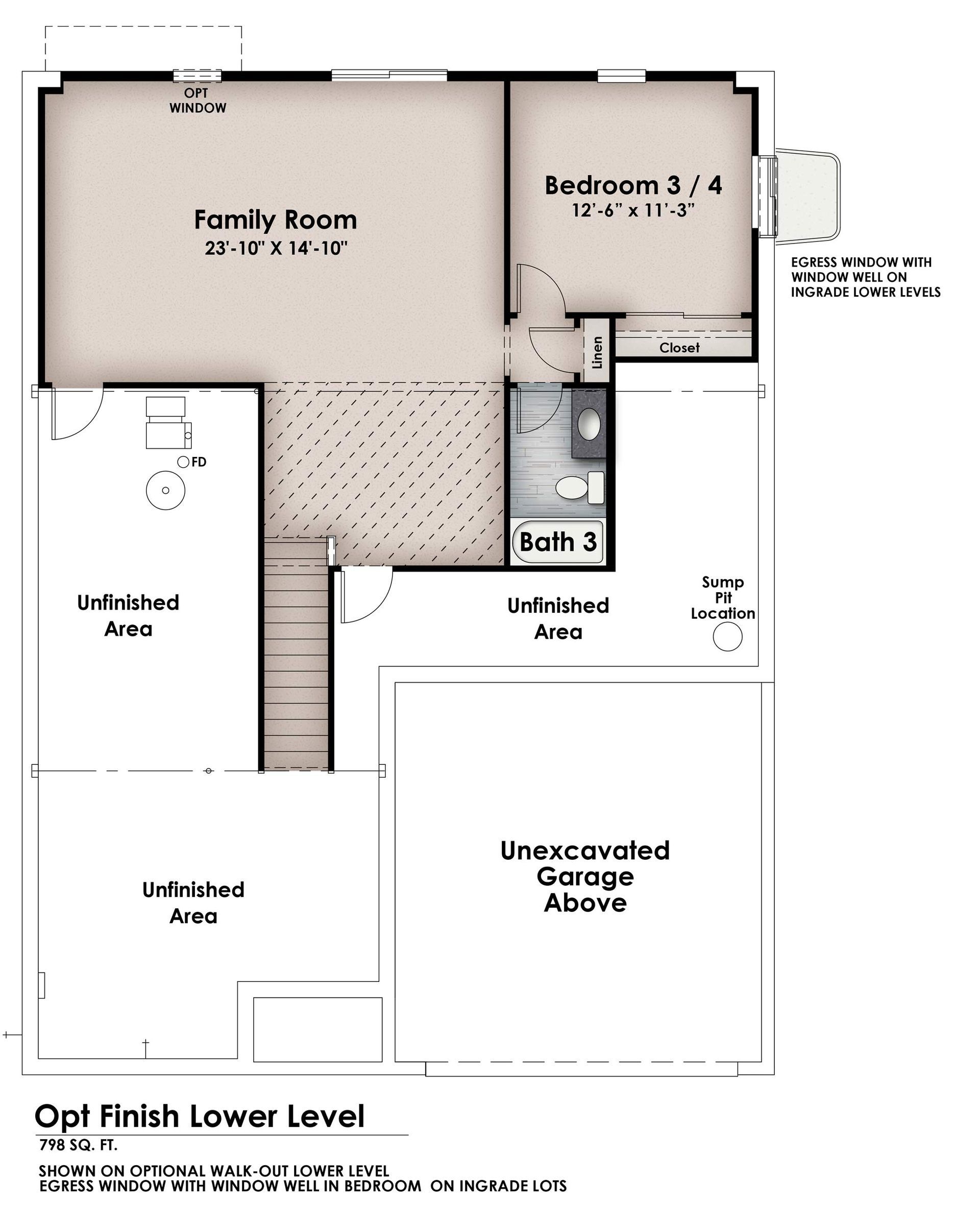 Floor plan of an optional finished lower level for the Marilyn Monroe model by Hardesty Homes