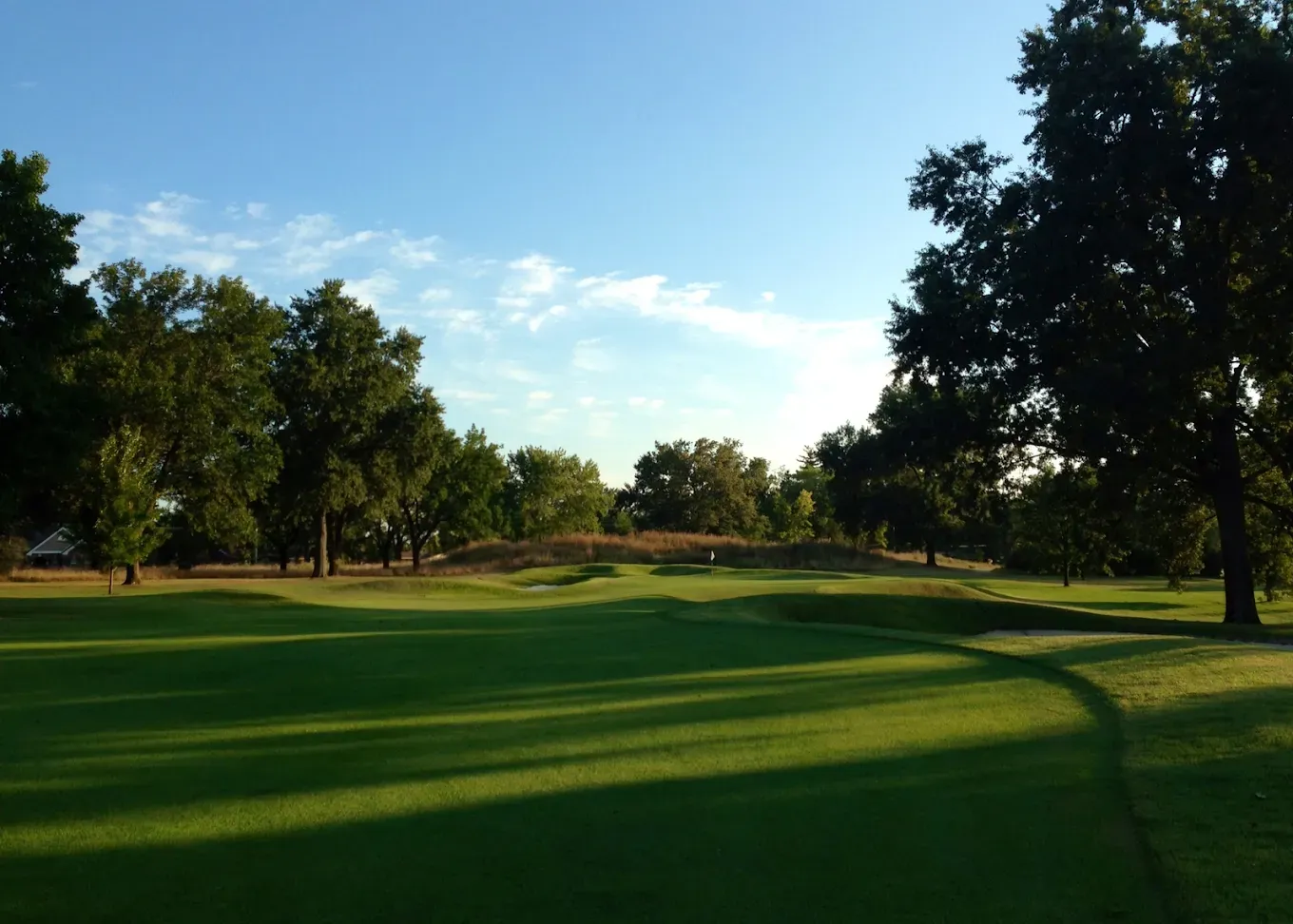 Green golf course with trees under a blue sky. Sunlight casts shadows on the grass.