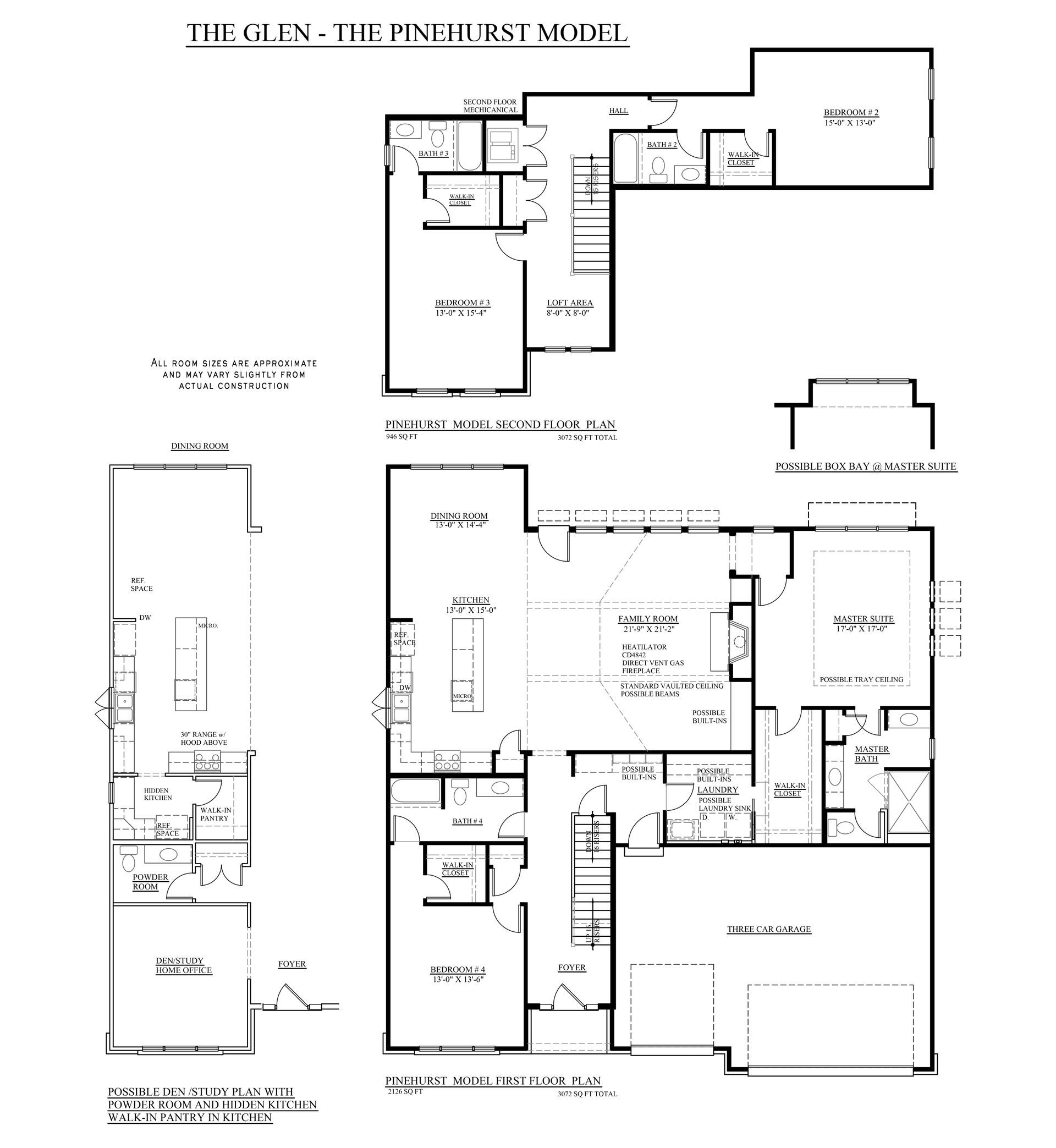Floor plan of the Pinehurst, a two-story house, showing rooms, stairs, and measurements.
