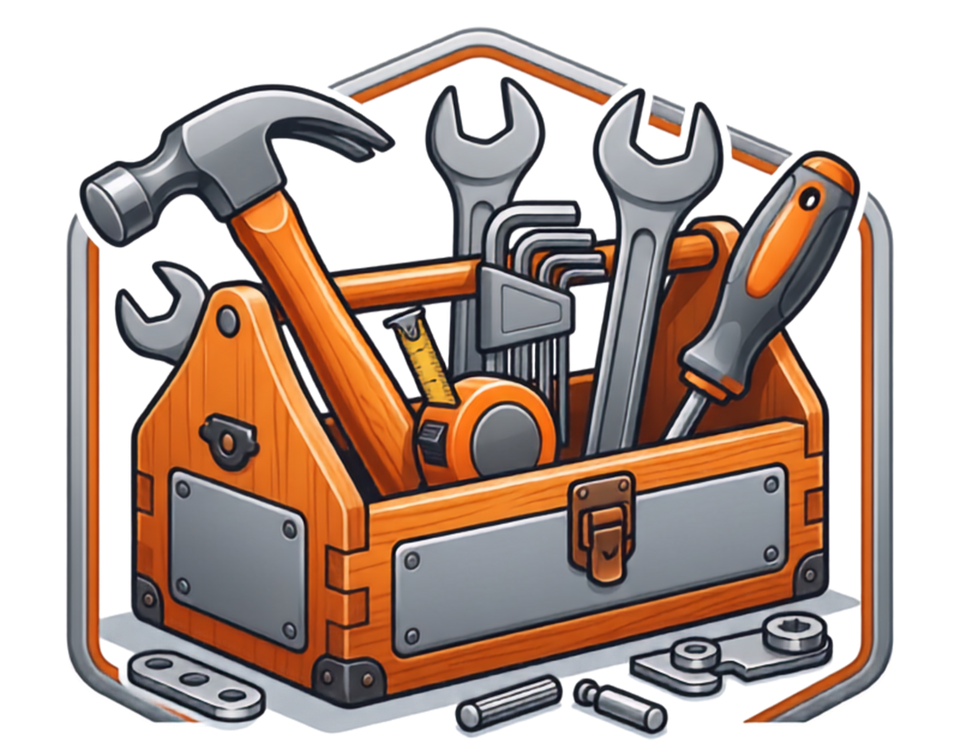 Orange tool box with hammer, wrenches, and screwdriver