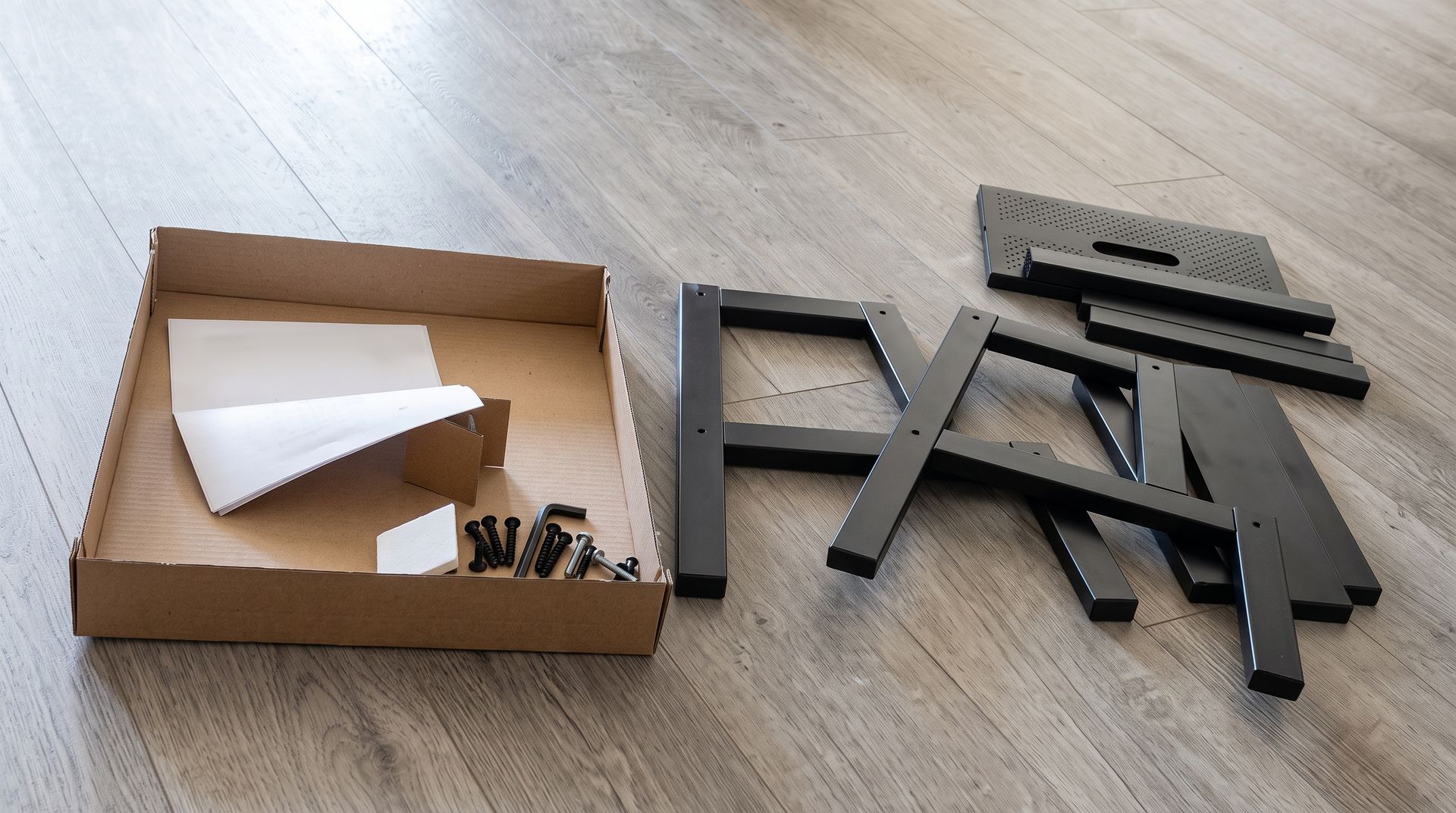 Cardboard box with white papers and screws beside disassembled black metal furniture parts on a floor
