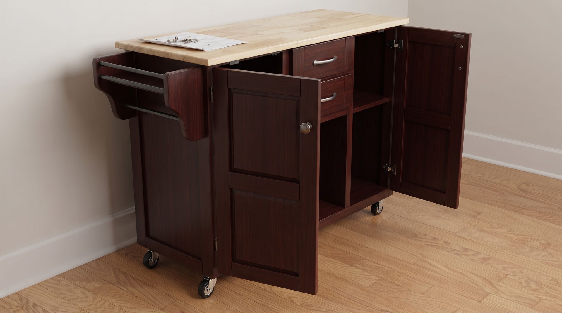 Dark wooden rolling cabinet desk with open doors in a room with light wood floor.