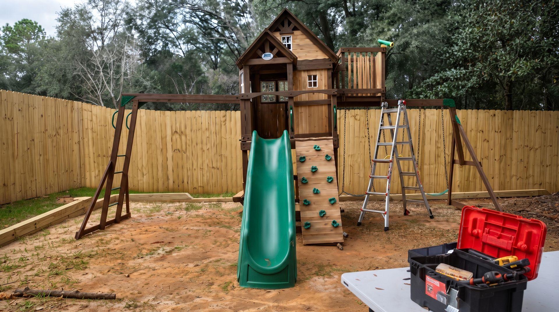 Backyard wooden playset with green slide, ladder, and tools beside it under construction