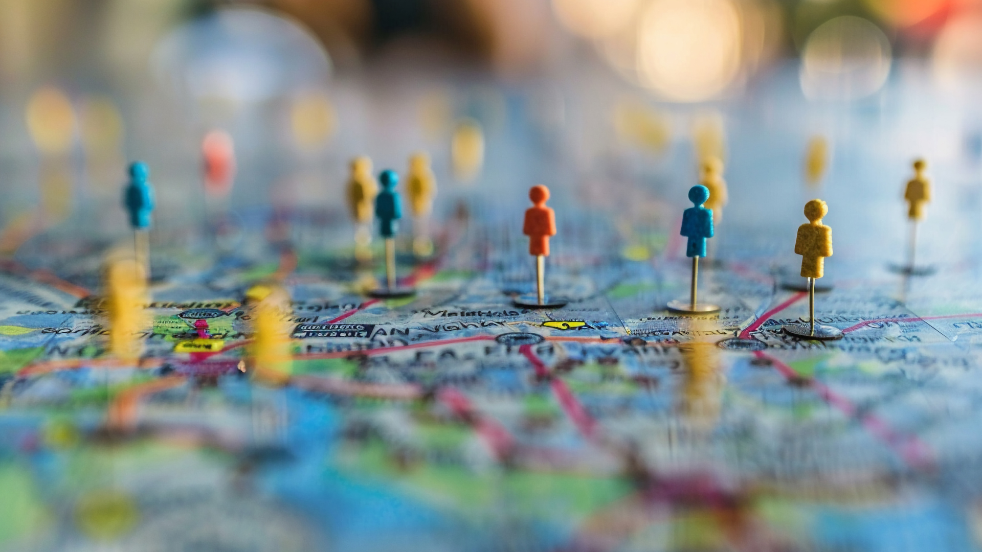 A close up of a map with pins on it.