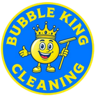 Blue circular Bubble King Cleaning logo with smiling crowned bubble mascot holding a squeegee and thumbs-up