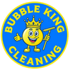Blue circular Bubble King Cleaning logo with smiling crowned bubble mascot holding a squeegee and thumbs-up