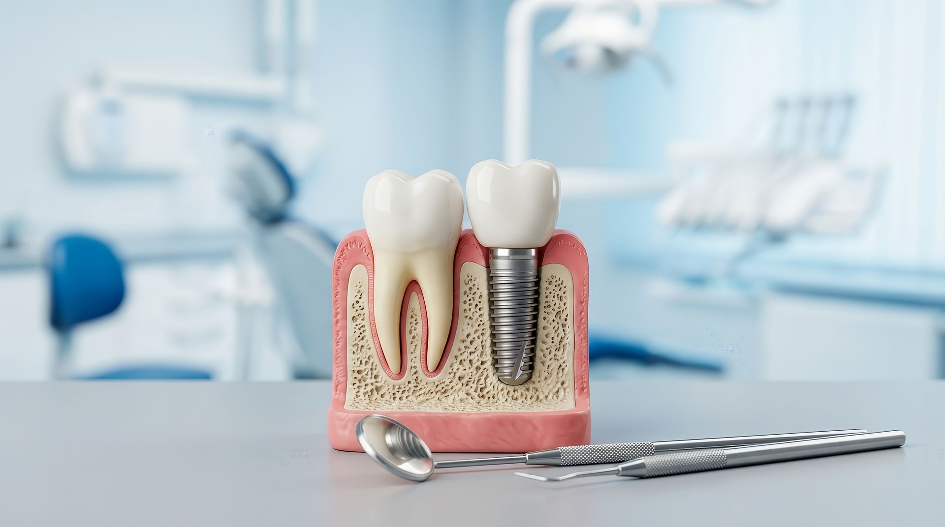 Dental model showing a natural tooth next to an implant with tools for restorative dentistry care. Dental model showing a natural tooth next to an implant with tools for restorative dentistry care.