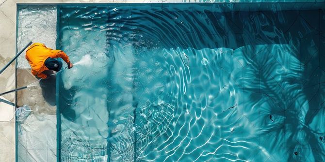 Person in an orange shirt leaning over the edge of a blue swimming pool, cleaning it