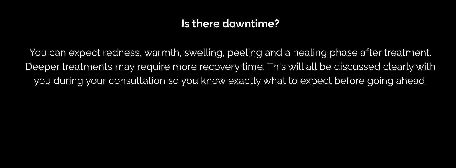 Dark slide with centered white text explaining about the redness and flaking after Co2 laser resurfacing