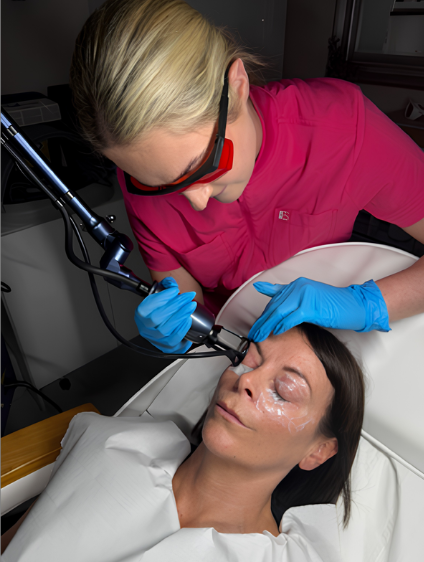 Rosie at M&M Aesthetics in Norwich treating a lady with Co2 laser resurfacing
