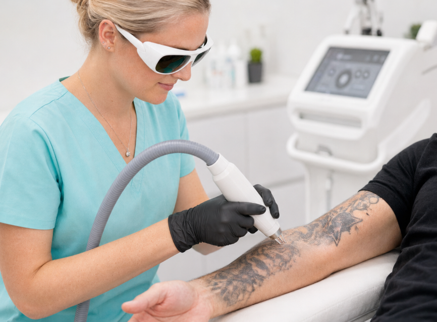 Laser Tattoo removal being performed on the arm in Norwich clinic 