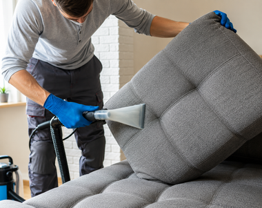 Technician steam-cleans a gray sofa with a handheld upholstery vacuum in a living room