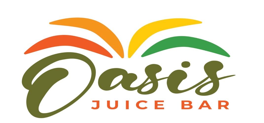 A logo for oasis juice bar with a rainbow in the background