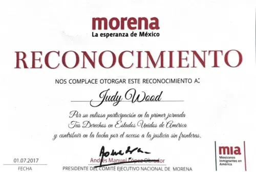 A morena la esperanza de mexico reconocimiento certificate.