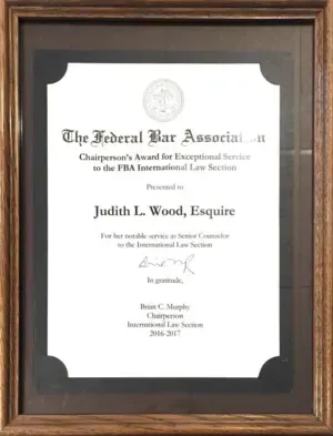 A framed certificate from the federal bar association.