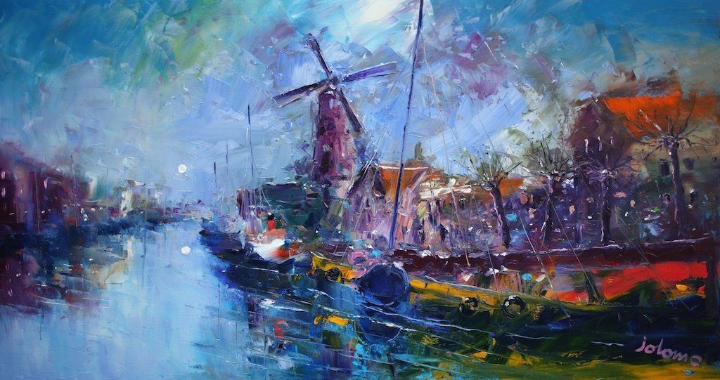Eveninglight, Windmill and Pollarded Trees, Gouda, Holland