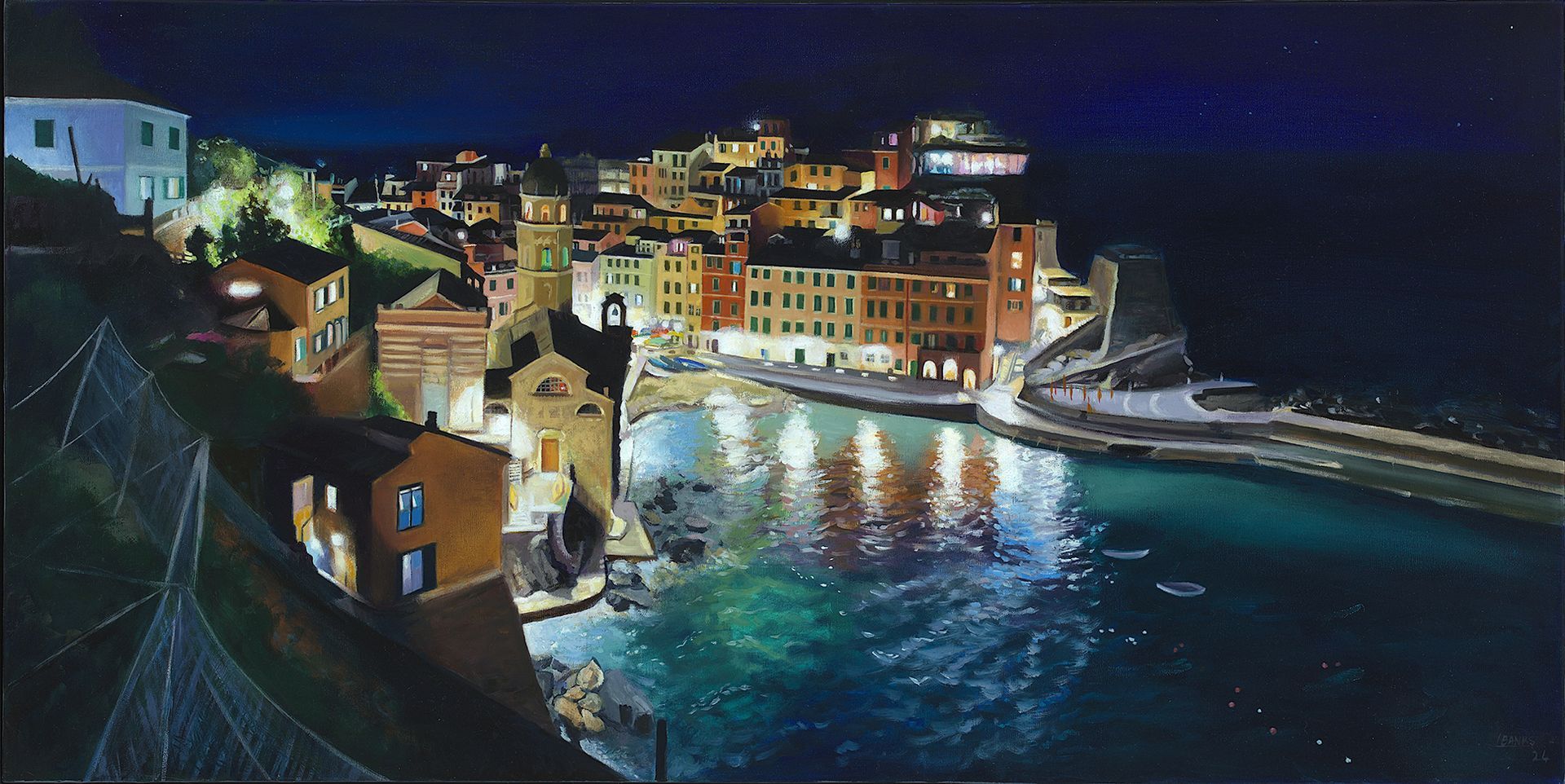 Venazza Harbour After Dark, Oil Painting by Lesley Banks